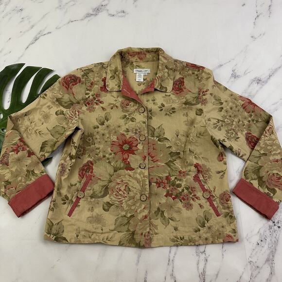Coldwater Creek Vintage Y2k Chore Coat Jacket Size M P Tan Pink Floral Cottage - Picture 1 of 11